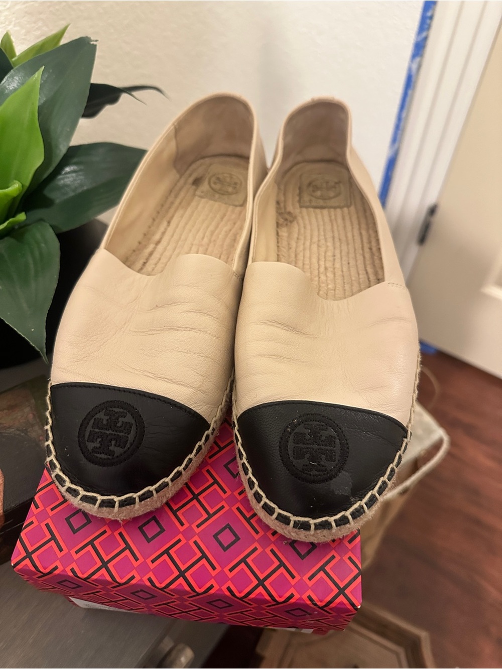 Tory Burch Two-Tone Cream and Black Leather Espadrilles